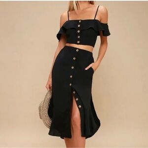Off-Shoulder Black Button-Front Midi Dress